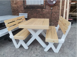 4 seater White and Natural Wood Colour Crossed Leg Set With backrest